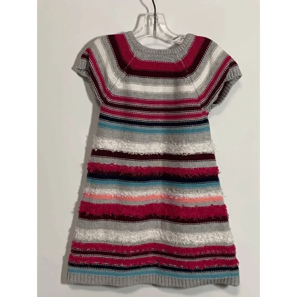Gymboree Girls Striped Fuzzy Knit Sweater Dress Short Sleeve Gray Pink Size 4